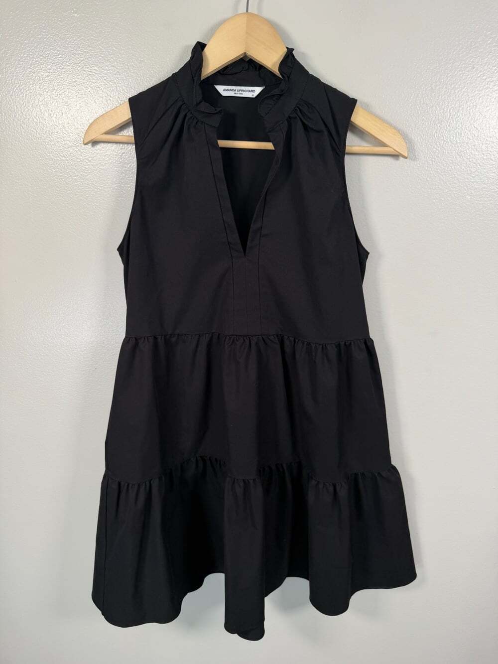 Amanda Uprichard Saffron Dress Womens XS Black Poplin Tiered Ruffle V Neck Mini